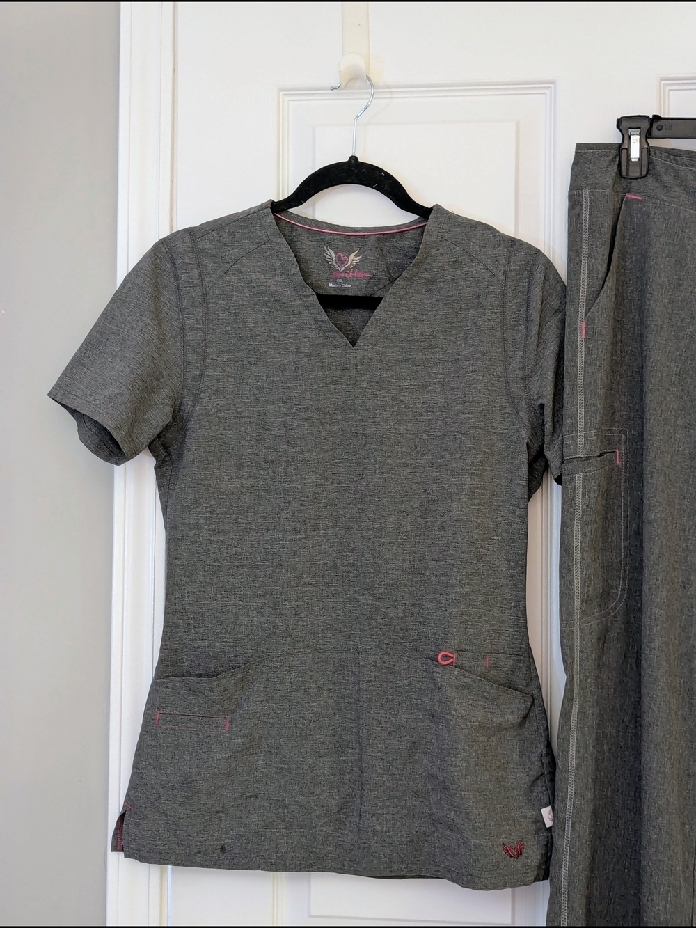 Smitten Heathered Charcoal Gray Scrub Set with Pink Accents - Size Small - Picture 2 of 16
